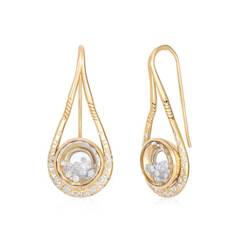 Garoa Gala Drop Earrings by Moritz Glik in 18k yellow gold with 1.18ct diamonds set and enclosed in Kaleidoscope Shakers on white background