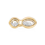Cascavel Double-Finger Ring by Moritz Glik in 18k yellow gold with 1.40ct diamonds enclosed in one round and one oval Kaleidoscope Shaker on white background, facing forward.