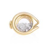 Bote Open Ring by Moritz Glik in 18k yellow gold with 1.0ct diamonds enclosed in a round Kaleidoscope Shaker on white background, facing front