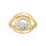 Cascavel Circle Ring Petite by Moritz Glik in 18k yellow gold with 0.35ct of diamonds enclosed in a small circle Kaleidoscope Shaker on white background, facing front