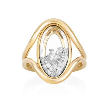 Cascavel Oval Ring by Moritz Glik in 18k yellow gold with 0.80ct of diamonds enclosed in an oval-shaped Kaleidoscope Shaker on white background, facing front