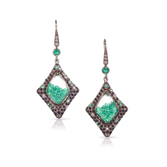 18k White Gold Earrings with Black Diamonds and Emeralds Earrings - Moritz Glik Sale Archived