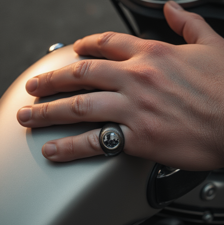 Moritz Glik Men's Signet Ring in Oxidized Sterling Silver, 18k Gold and Diamond Baguettes worn by a men on his pinky finger