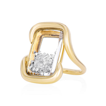 Presa Cushion Ring by Moritz Glik in 18k yellow gold with 1.21ct diamonds enclosed in a cushion-shaped Kaleidoscope Shaker on white background, facing left.