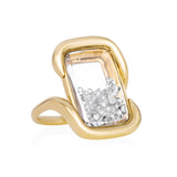 Presa Cushion Ring by Moritz Glik in 18k yellow gold with 1.21ct diamonds enclosed in a cushion-shaped Kaleidoscope Shaker on white background, facing right. 