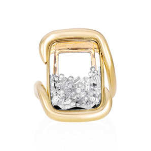 Presa Cushion Ring by Moritz Glik in 18k yellow gold with 1.21ct diamonds enclosed in a cushion-shaped Kaleidoscope Shaker on white background, facing front