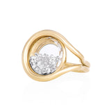 Bote Open Ring by Moritz Glik in 18k yellow gold with 1.0ct diamonds enclosed in a round Kaleidoscope Shaker on white background, facing left