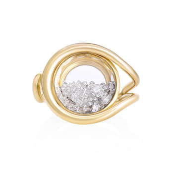 Bote Open Ring by Moritz Glik in 18k yellow gold with 1.0ct diamonds enclosed in a round Kaleidoscope Shaker on white background, facing front