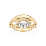 Cascavel East-West Ring Petite by Moritz Glik in 18k yellow gold with 0.18ct diamonds enclosed in an east-west, oval-shaped Kaleidoscope Shaker on white background, facing front