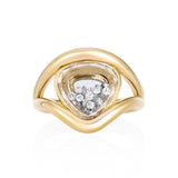 Cascavel Heart-ish Ring Petite by Moritz Glik in 18k yellow gold with 0.32ct diamonds enclosed in rounded-triangle-shaped Kaleidoscope Shaker on white background, facing front