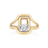 Cascavel Cushion Ring Petite  by Moritz Glik in 18k yellow gold with 0.39ct of diamonds enclosed in a small cushion-shaped, Kaleidoscope Shaker on white background, facing front