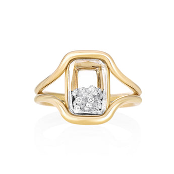Cascavel Cushion Ring Petite  by Moritz Glik in 18k yellow gold with 0.39ct of diamonds enclosed in a small cushion-shaped, Kaleidoscope Shaker on white background, facing front