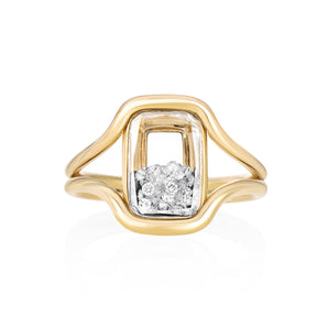 Cascavel Cushion Ring Petite  by Moritz Glik in 18k yellow gold with 0.39ct of diamonds enclosed in a small cushion-shaped, Kaleidoscope Shaker on white background, facing front