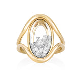 Cascavel Oval Ring  by Moritz Glik in 18k yellow gold with 0.80ct of diamonds enclosed in an oval-shaped Kaleidoscope Shaker on white background, facing front