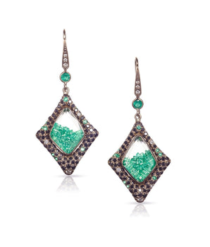 18k White Gold Earrings with Black Diamonds and Emeralds Earrings - Moritz Glik Sale Archived