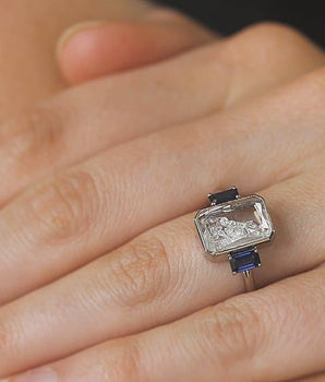 Three Stone Blue- Emerald Cut Ring - Moritz Glik sapphires diamonds