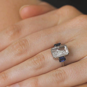 Three Stone Blue- Emerald Cut Ring - Moritz Glik sapphires diamonds